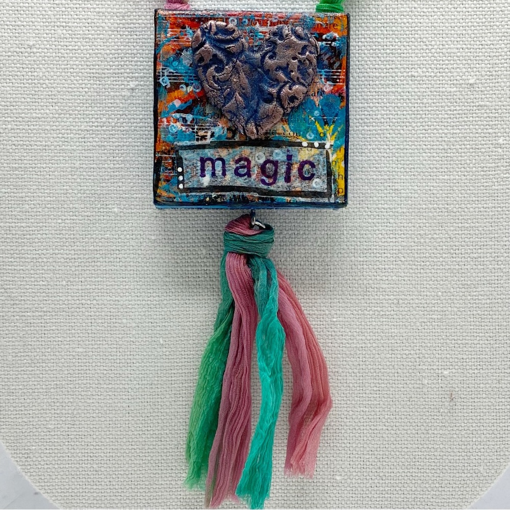 Magic Heart Miniature Art Canvas Necklace Rainbow Silk Chiffon